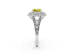 Fancy Yellow Asscher Cut Diamond Double Halo Ring Set in White gold with Pavé Split Shank and Prong Setting