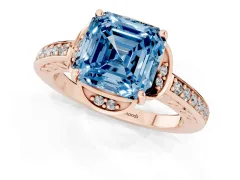 Fancy Blue Asscher Cut Diamond Halo Ring Set in Rose gold with Channel Set Band and Prong Setting
