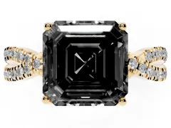 Fancy Black Asscher Cut Diamond Twist Pavé Solitaire Engagement Ring Set in Yellow gold with Prong Setting