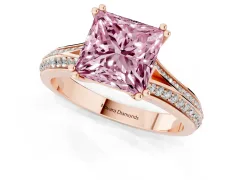 Fancy Pink Princess Cut Diamond Split Shank Pavé Engagement Ring Set in Rose gold with Prong-Set Center Stone