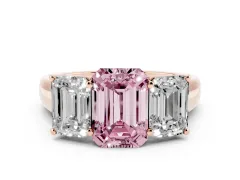 Fancy Pink Emerald Cut Diamond Three-Stone Ring Set in Rose gold with Plain Polished Band