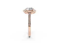 Round Cut Diamond Halo Ring Set in Rose gold with Pavé-Lined Shoulders and Prong Setting