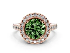 Fancy Green Round Cut Diamond Halo Ring Set in Rose gold with Pavé Shank and Prong Setting
