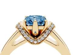 Fancy Blue Radiant Cut Diamond Pavé Band Solitaire Ring Set in Yellow gold with Prong Setting