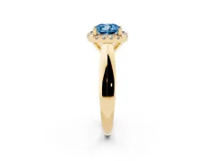 Fancy Blue Cushion Cut Diamond Halo Solitaire Engagement Ring Set in Yellow gold with Square Band and Prong Setting