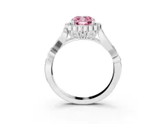 Fancy Pink Cushion Cut Diamond Halo Ring Set in Platinum with Leaf Motif Split Shank and Prong Setting