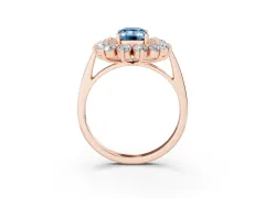 Fancy Blue Emerald Cut Diamond Floral Double Halo Ring Set in Rose gold with Round Petals