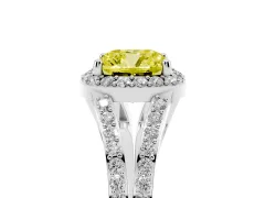 Fancy Yellow Cushion Cut Diamond Halo Split Shank Pavé Ring Set in Platinum with Prong Setting