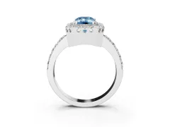 Fancy Blue Emerald Cut Diamond Halo Ring Set in White gold with Pavé Shank and Prong Setting
