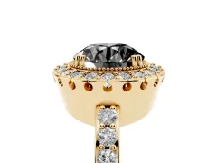 Fancy Black Round Cut Diamond Halo Ring Set in Yellow gold with Pavé Shank and Prong Setting
