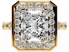 Radiant Cut Diamond Halo Engagement Ring Set in Yellow gold with Twisted Band and Prong Setting