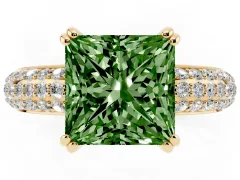 Fancy Green Princess Cut Diamond Solitaire Ring Set in Yellow gold with Multi-Row Round Pavé Band and Prong Setting