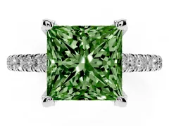 Fancy Green Princess Cut Diamond Solitaire Ring Set in Silver with Brilliant Pavé Band and Prong Setting