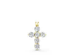 Round Diamond Cross Pendant Set in Yellow gold with Prong-Set Traditional Arms