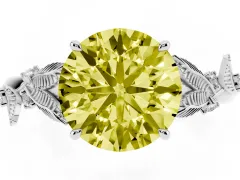 Fancy Yellow Round Cut Diamond Solitaire Ring Set in White gold with Leaf Motif Band