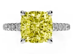 Fancy Yellow Cushion Cut Diamond Solitaire Ring Set in White gold with Brilliant Pavé Band and Prong Setting