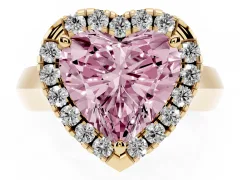 Fancy Pink Heart Cut Diamond Halo Solitaire Engagement Ring Set in Yellow gold with Square Band and Prong Setting