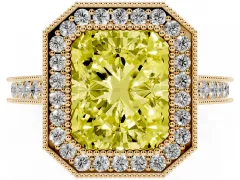 Fancy Yellow Radiant Cut Diamond Halo Milgrain Pavé Band Ring Set in Yellow gold with Prong Setting