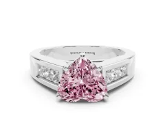 Fancy Pink Heart Cut Diamond Solitaire Ring Set in Silver with Channel-Set Accent Stones and Prong Setting