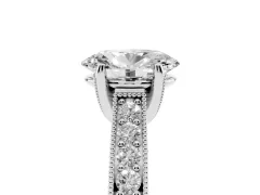 Oval Cut Diamond Solitaire Ring Set in White gold with Milgrain-Edged Pavé Band and Prong Setting
