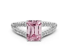 Fancy Pink Emerald Cut Diamond Split Shank Pavé Engagement Ring Set in Silver with Prong-Held Center Stone