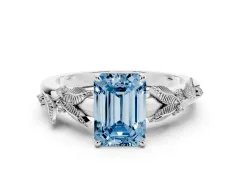 Fancy Blue Emerald Cut Diamond Solitaire Ring Set in White gold with Leaf Motif Band