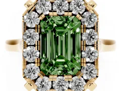 Fancy Green Emerald Cut Diamond Cluster Halo Solitaire Ring Set in Yellow gold with Prong Setting