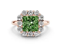 Fancy Green Princess Cut Diamond Milgrain Halo Solitaire Ring Set in Rose gold with Bezel Set Side Stones and Pavé Band