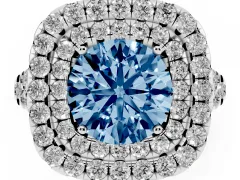 Fancy Blue Round Cut Diamond Double Halo Ring Set in Silver with Pavé Split Shank and Prong Setting