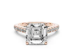 Asscher Cut Diamond Solitaire Ring Set in Rose gold with Brilliant Pavé Band and Prong Setting