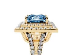 Fancy Blue Princess Cut Diamond Double Halo Ring Set in Yellow gold with Pavé Band