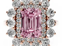 Fancy Pink Emerald Cut Diamond Floral Double Halo Ring Set in Rose gold with Round Petals