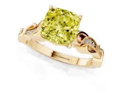 Fancy Yellow Cushion Cut Diamond Vine Band Solitaire Ring Set in Yellow gold with Milgrain Prong Setting