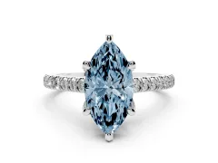 Fancy Blue Marquise Cut Diamond Solitaire Ring Set in White gold with Brilliant Pavé Band and Prong Setting