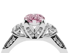 Fancy Pink Pear Cut Diamond Three-Stone Ring Set in Platinum with Pavé Band and Smaller Side Stones