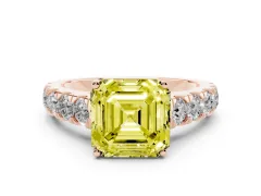 Fancy Yellow Asscher Cut Diamond Solitaire Ring Set in Rose gold with Cut-Down Micro Pavé Band and Prong Setting