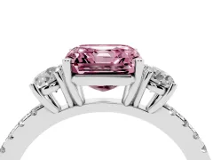 Fancy Pink Asscher Cut Diamond Three-Stone Ring Set in Silver with Pavé Band and Graduated Sides