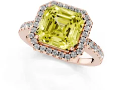 Fancy Yellow Asscher Cut Diamond Halo Ring Set in Rose gold with Pavé Shoulders and Halo-Framed Center