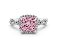 Fancy Pink Princess Cut Diamond Halo Twist Band Solitaire Ring Set in Silver with Prong-Set Center Stone
