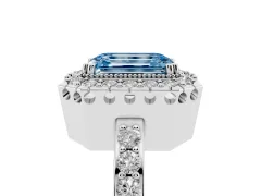 Fancy Blue Emerald Cut Diamond Halo Ring Set in Platinum with Pavé Shank and Prong Setting