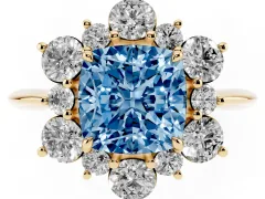 Fancy Blue Cushion Cut Diamond Cluster Halo Ring Set in Yellow gold with Solitaire Band and Prong Setting