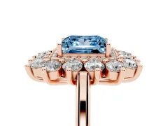 Fancy Blue Princess Cut Diamond Floral Double Halo Ring Set in Rose gold with Round Petals