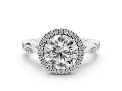 Round Cut Diamond Halo Twist Band Solitaire Ring Set in White gold with Prong Setting