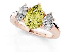Fancy Yellow Pear Cut Diamond Three-Stone Ring Set in Rose gold with Bold Center and Classic Band