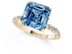 Fancy Blue Asscher Cut Diamond Solitaire Engagement Ring Set in Yellow gold with Round Pavé Band and Prong Setting