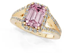 Fancy Pink Emerald Cut Diamond Halo Split Shank Pavé Ring Set in Yellow gold with Prong Setting