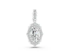 Oval Diamond Halo Pendant Set in White gold with Milgrain Prongs