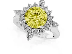 Fancy Yellow Round Cut Diamond Cluster Halo Ring Set in White gold with Marquise and Round Accents