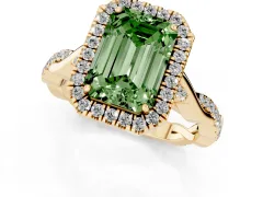 Fancy Green Emerald Cut Diamond Halo Twist Band Solitaire Ring Set in Yellow gold with Prong Setting