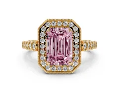 Fancy Pink Emerald Cut Diamond Milgrain Halo Solitaire Ring Set in Yellow gold with Bezel Set Side Stones and Pavé Band